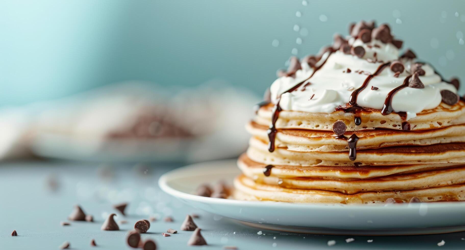 Stack of Pancakes Topped With Whipped Cream and Chocolate Chips on a Plate photo
