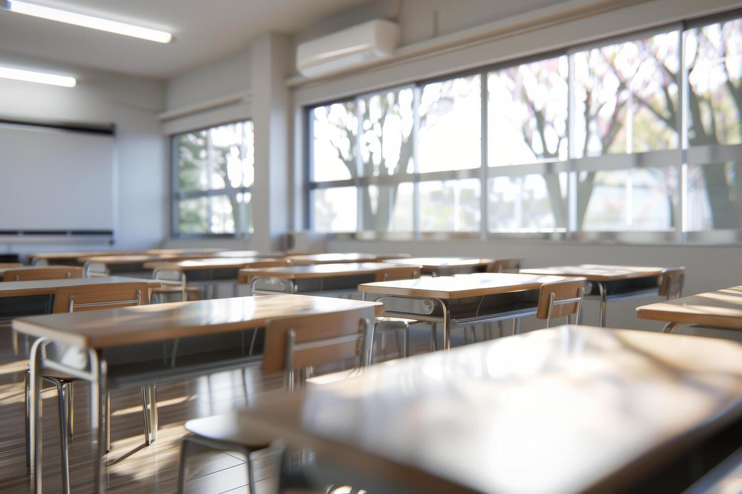 Sunlight Streaming Through Classroom Windows in Autumn photo