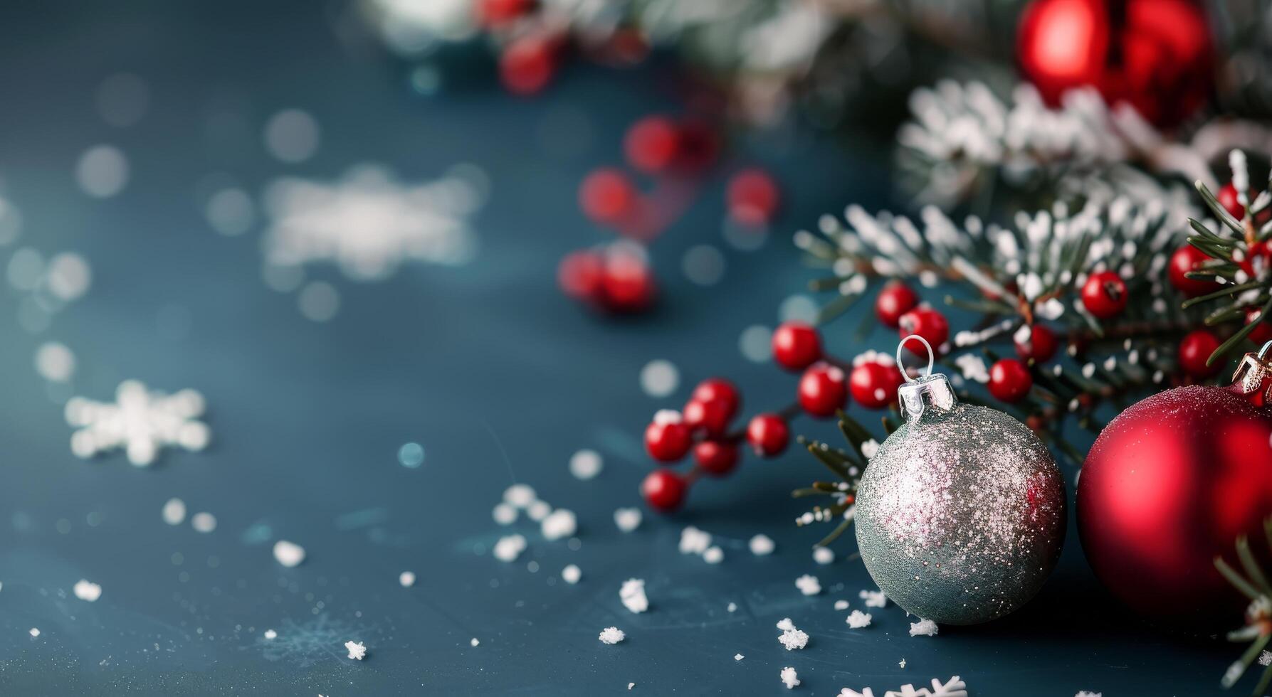 Christmas Ornaments on Evergreen Branches With Snowfall in Winter Setting photo