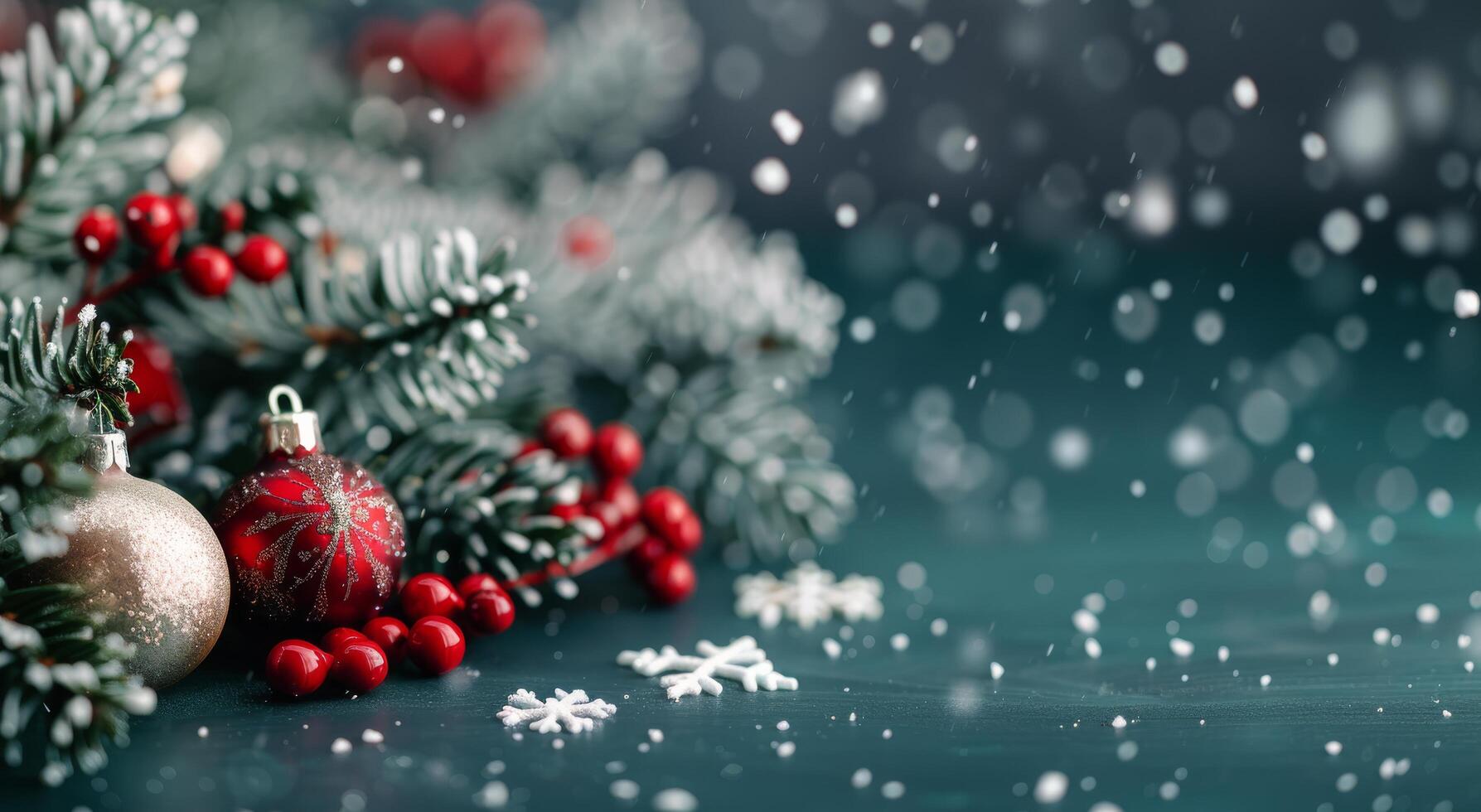 Christmas Ornaments on Evergreen Branches With Snowfall in Winter Setting photo