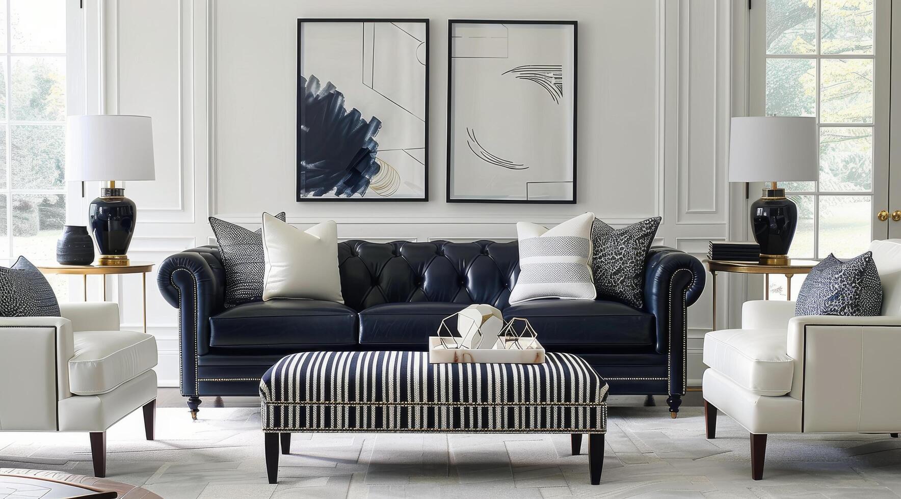 Modern Living Room Design With Bold Artwork and Elegant Furniture in Natural Light photo