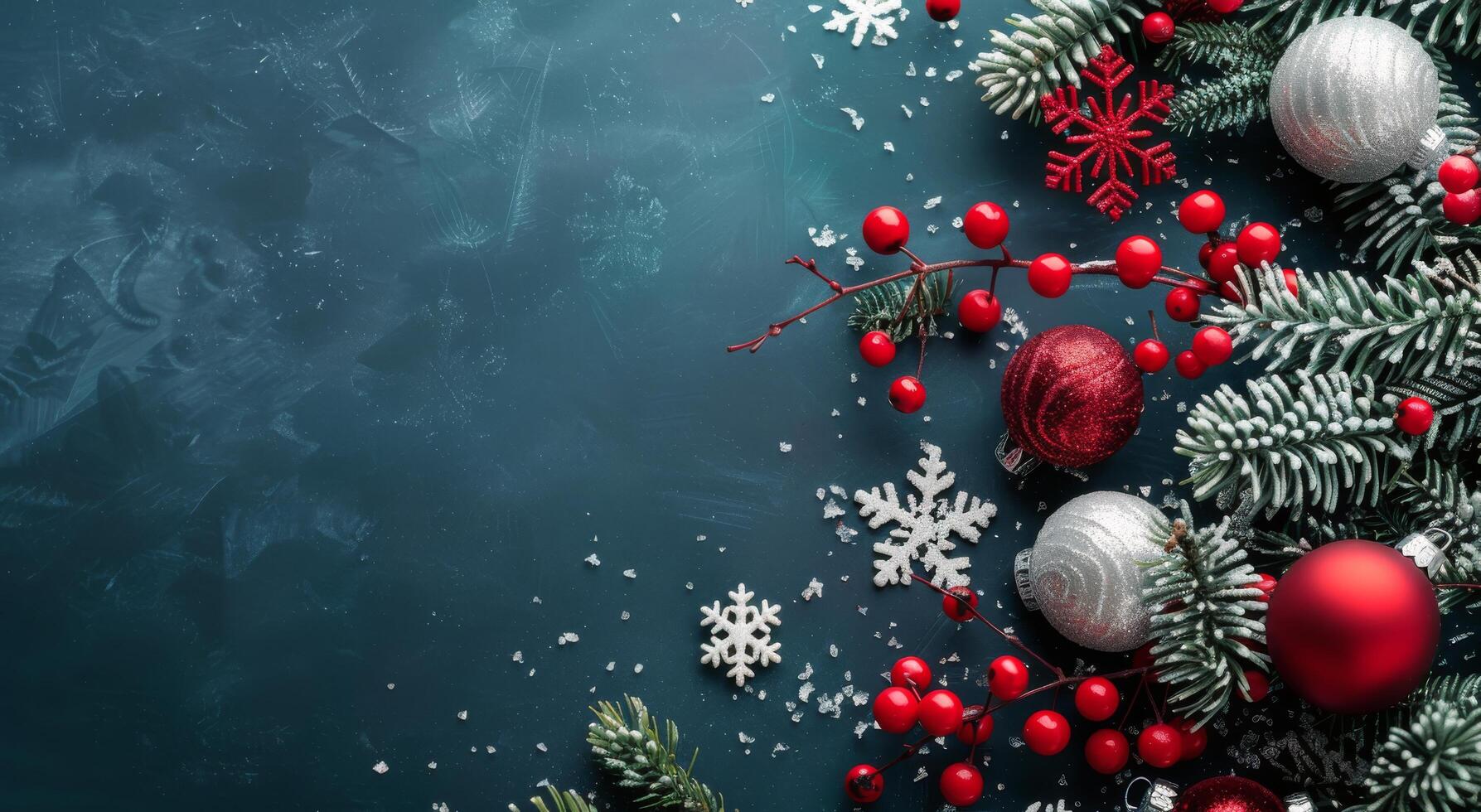 Christmas Ornaments on Evergreen Branches With Snowfall in Winter Setting photo