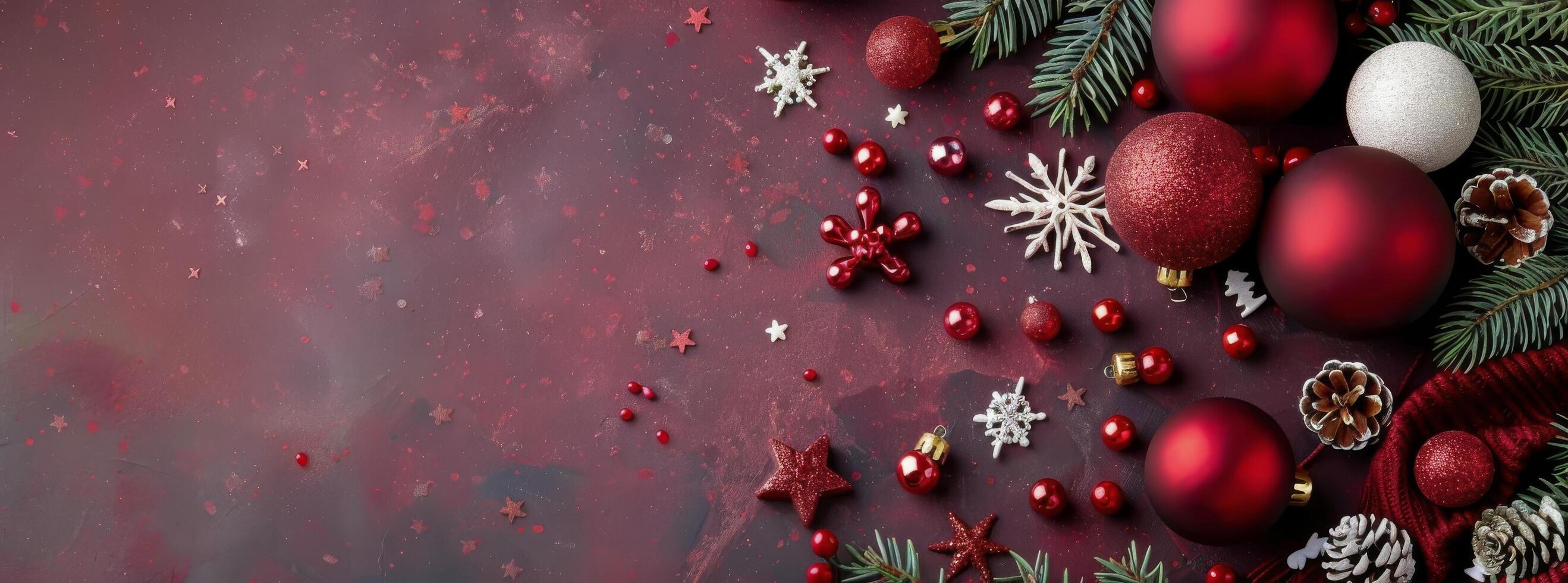 Christmas Decorations With Red and Gold Ornaments on a Burgundy Background photo