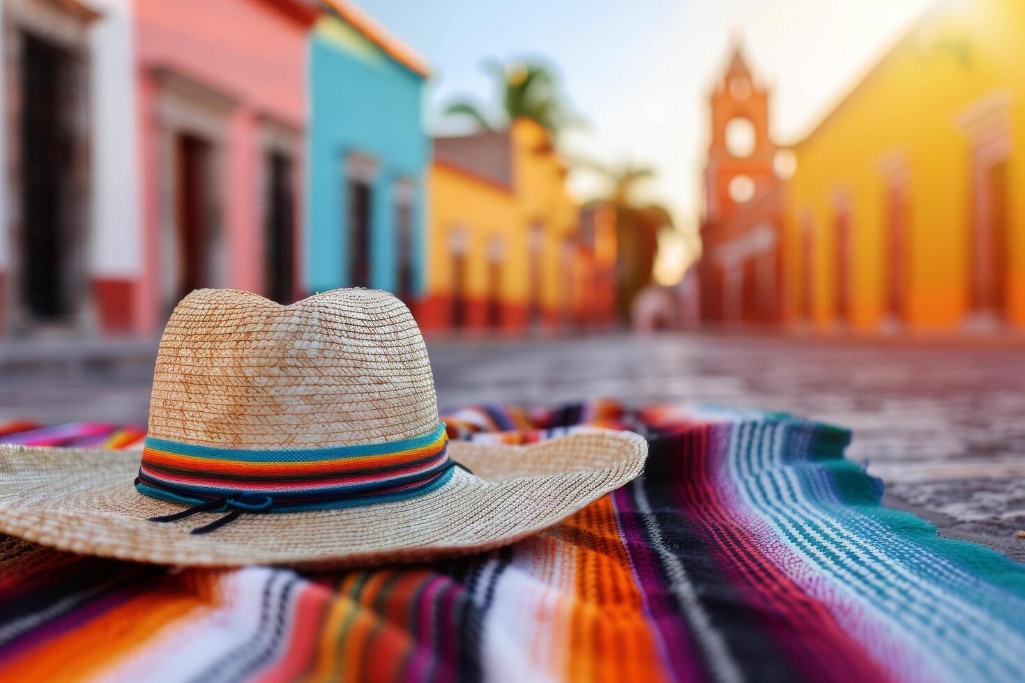 Straw Hat on Colorful Blanket in Front of Houses photo