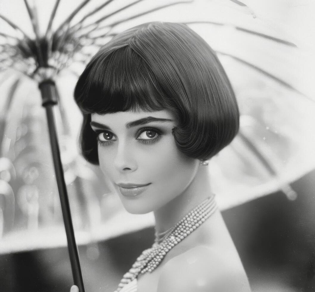 Woman With Bob Haircut Posing With Umbrella photo