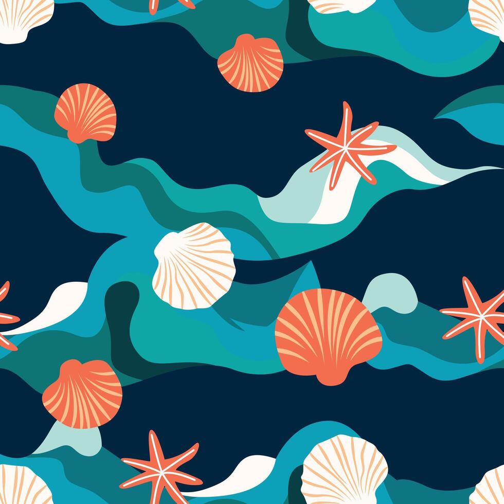 A captivating marine theme pattern featuring whimsical sea creatures, shells, and waves in vibrant colors, perfect for adding a playful and oceanic touch to any design project. vector