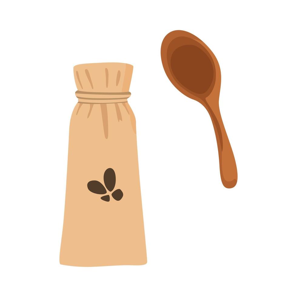 Rustic Coffee Charm. Wooden Cup and Coffee Bag Set vector