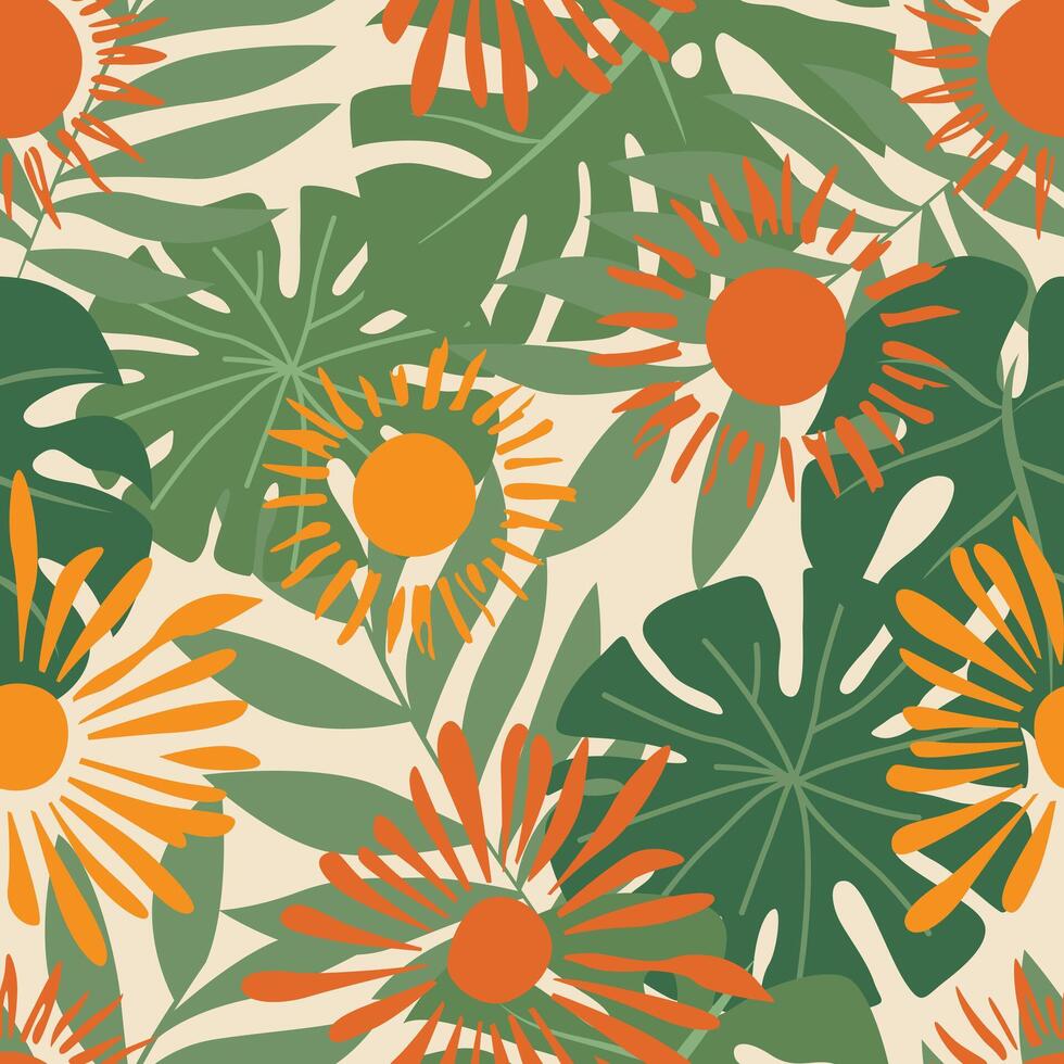 Elegant design featuring a tropical bohemian pattern with vibrant colors and intricate details, perfect for adding a touch of exotic charm and artistic flair to any project. vector