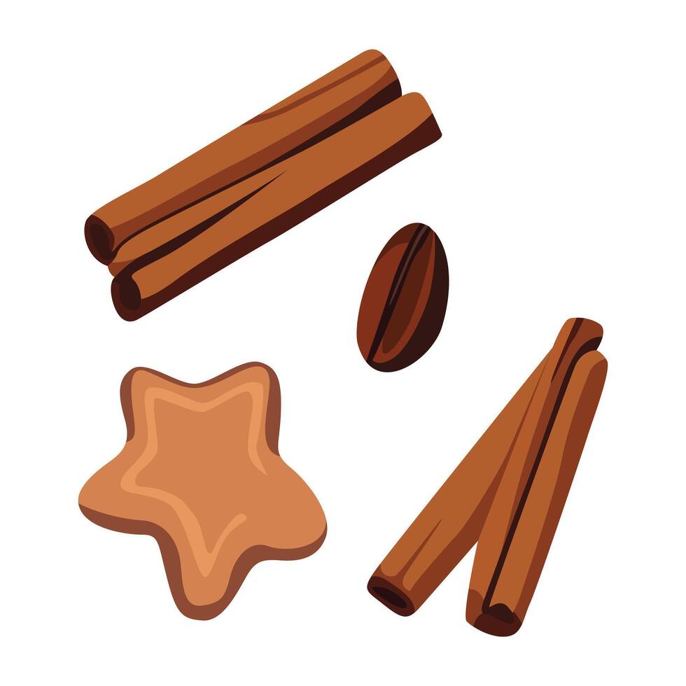 Spiced Delights. Set of Coffee Bean, Star Cookie, and Cinnamon Sticks vector
