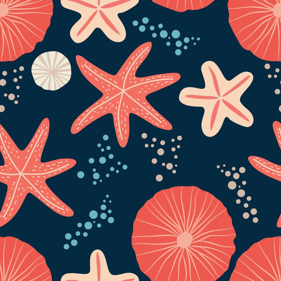 A captivating marine theme pattern featuring whimsical sea creatures, shells, and waves in vibrant colors, perfect for adding a playful and oceanic touch to any design project. vector