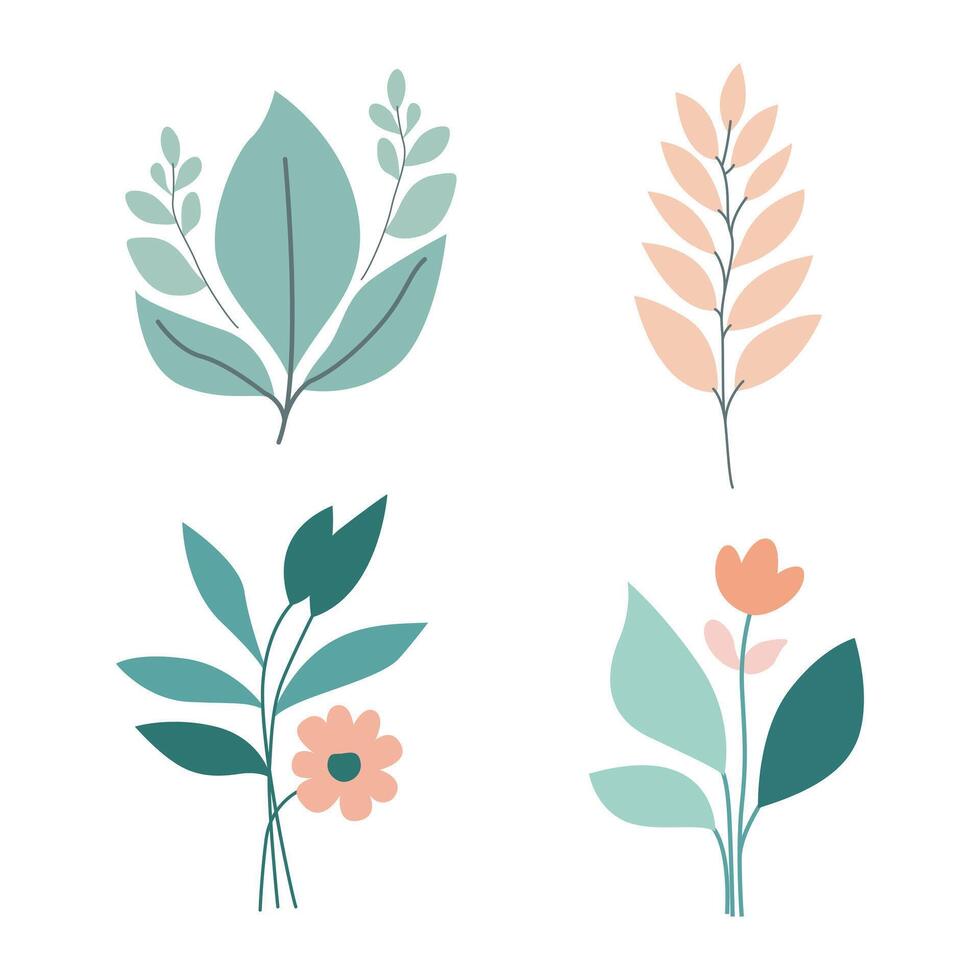 A charming set of 4 flowers and leaves, each intricately designed with vibrant colors and elegant lines, perfect for adding a touch of natural beauty and sophistication to any project. vector
