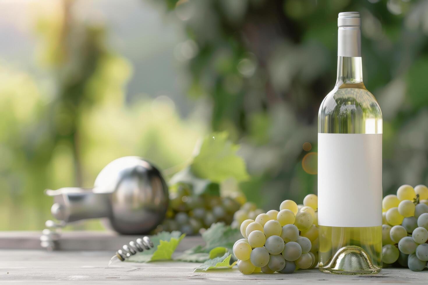 White Wine Bottle and Grapes on Table photo