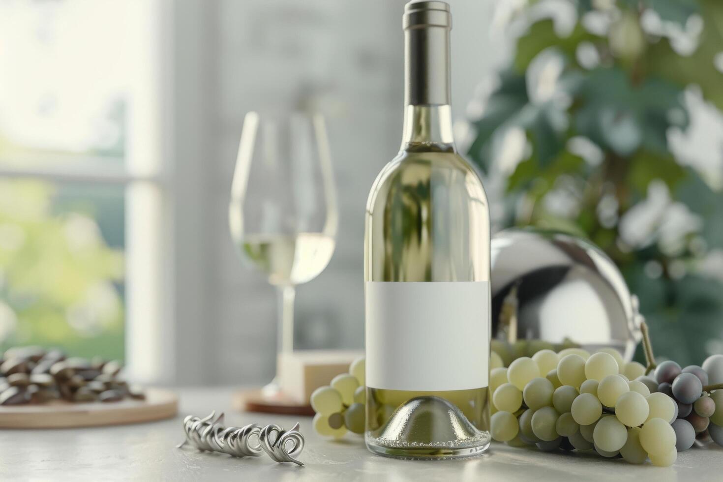 White Wine Bottle and Grapes on Table photo