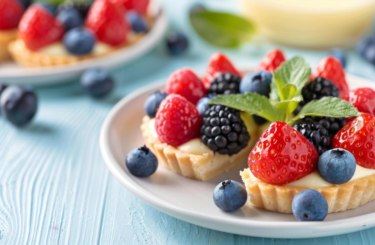 Strawberry and Blueberry Tart on Blue Table photo
