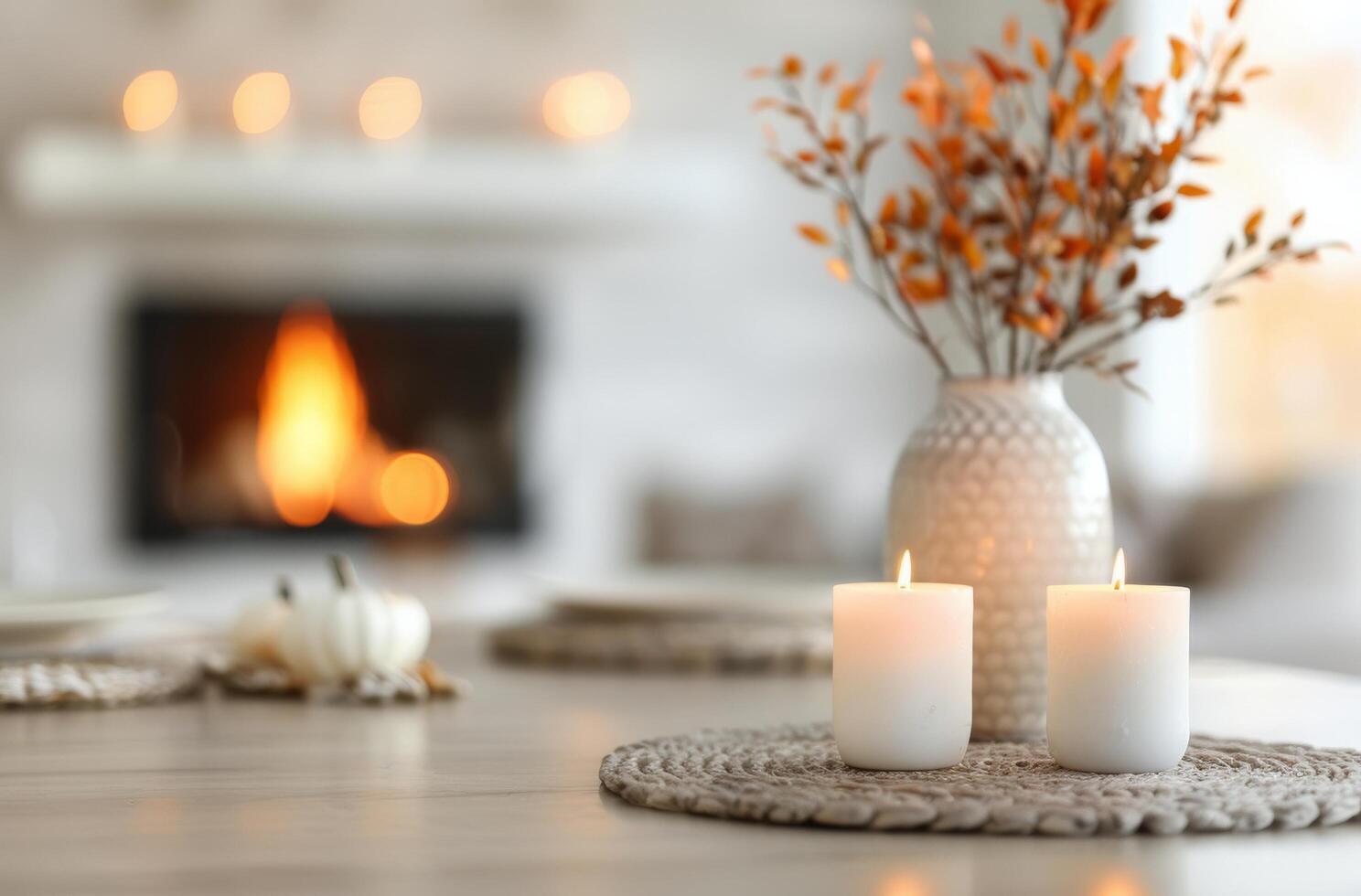 Candles and Plate Setting on Wooden Table photo