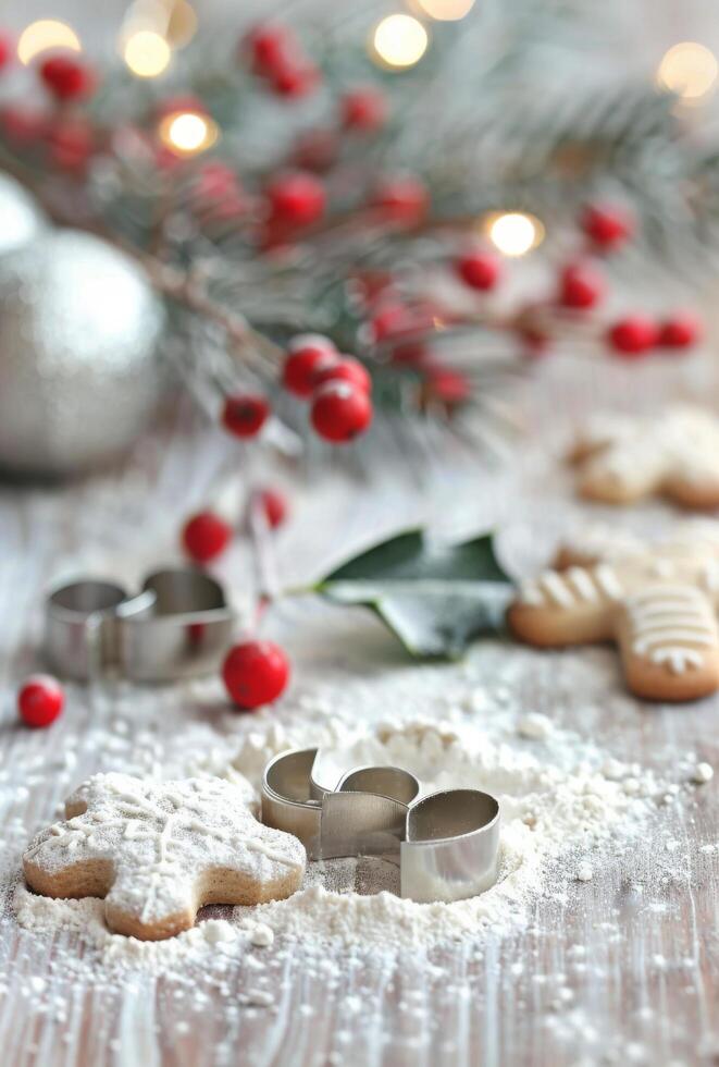 Holly Berries and Cookie Cutters on Flour photo