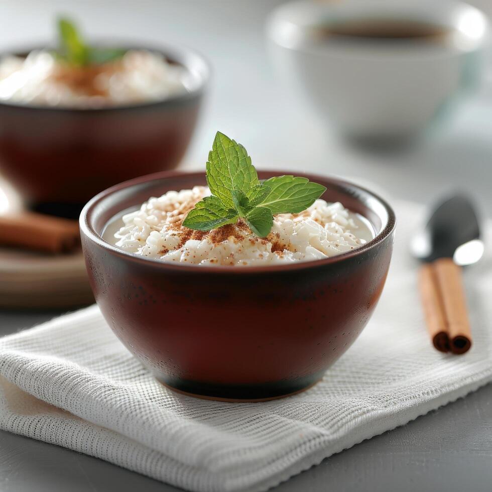 Cinnamon Rice Pudding With Mint Garnish photo