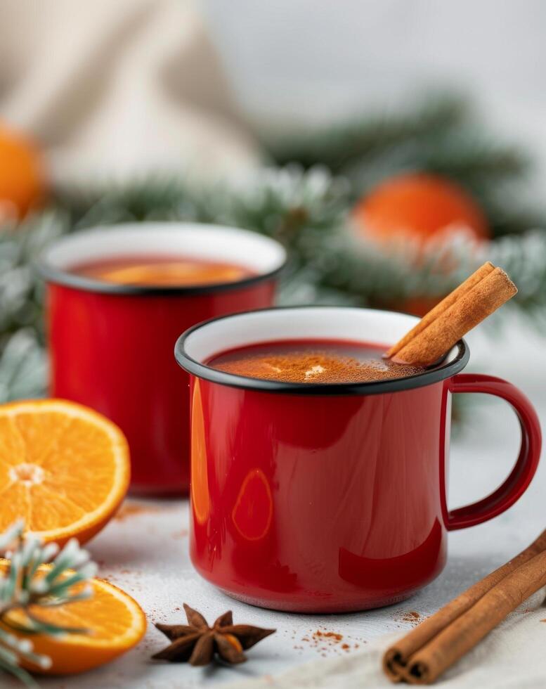 Red Mug of Hot Cocoa With Cinnamon Sticks photo