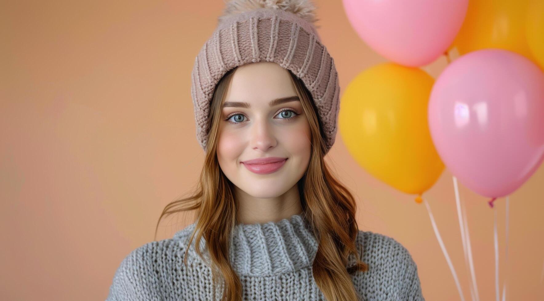 Woman Smiling With Yellow Balloons photo