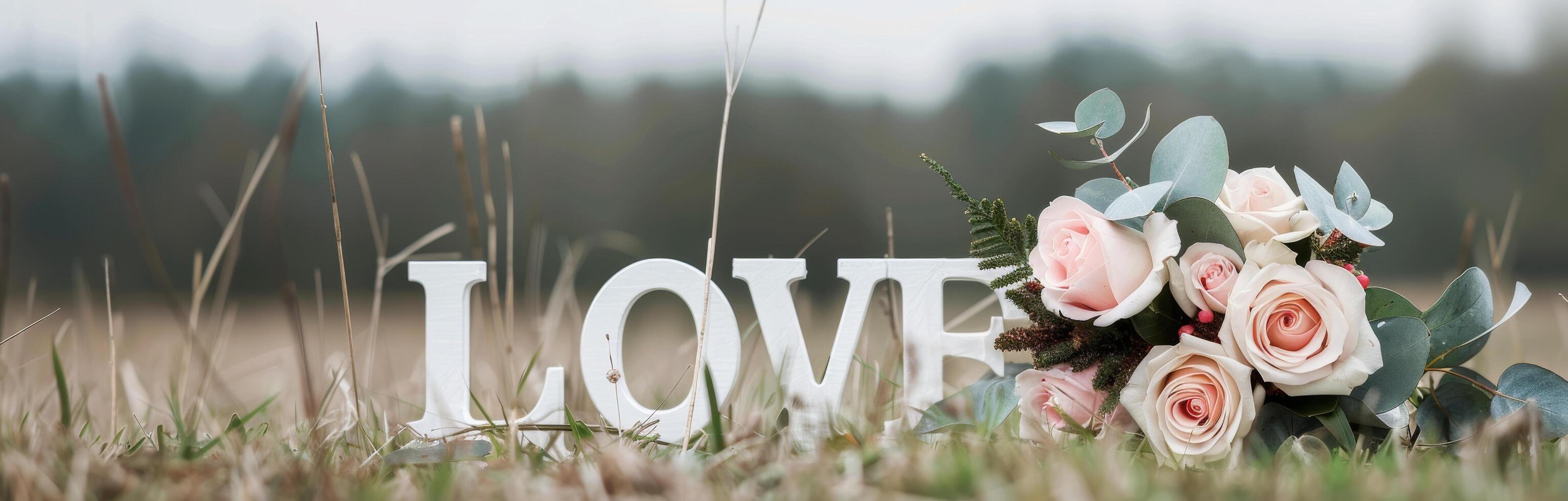 White Love Letters In Front Of Roses photo