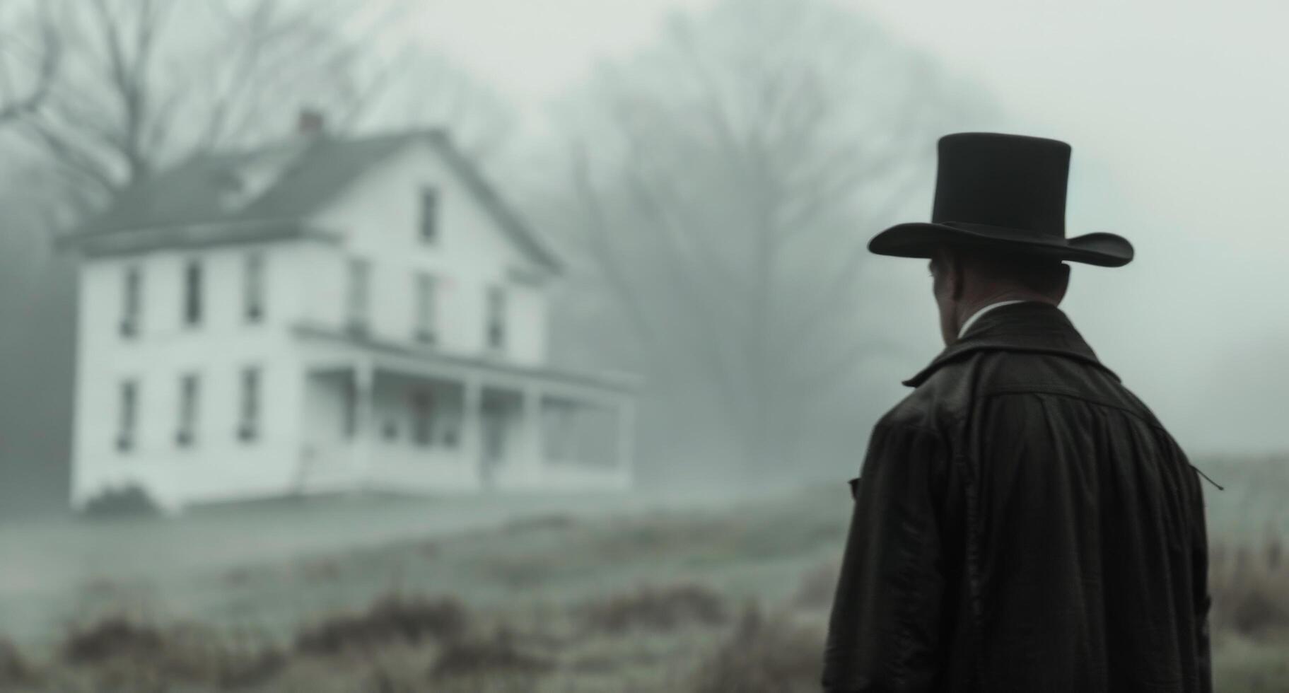 Man in Top Hat Approaches House on Foggy Day photo