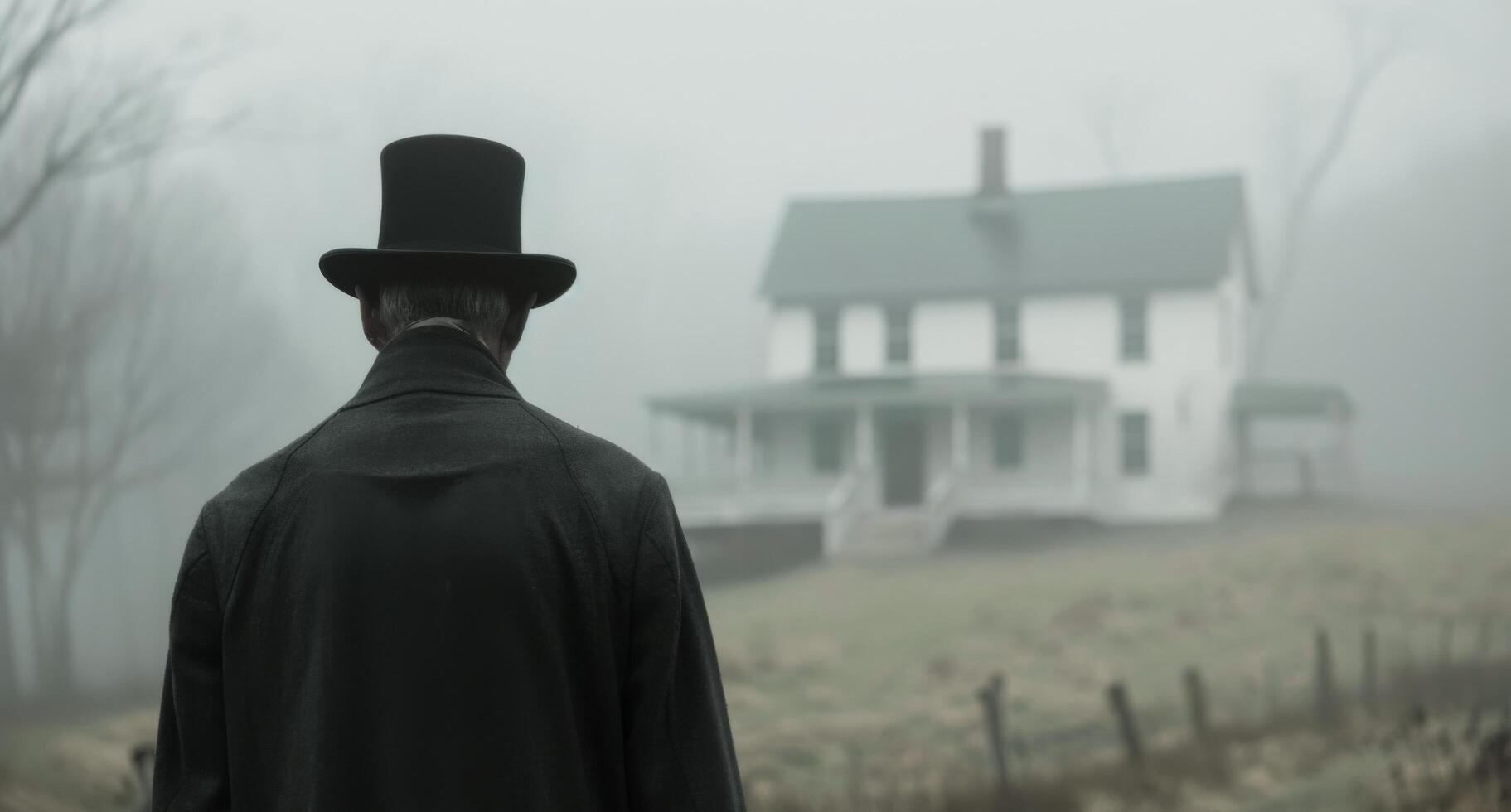 Man in Top Hat Approaches House on Foggy Day photo