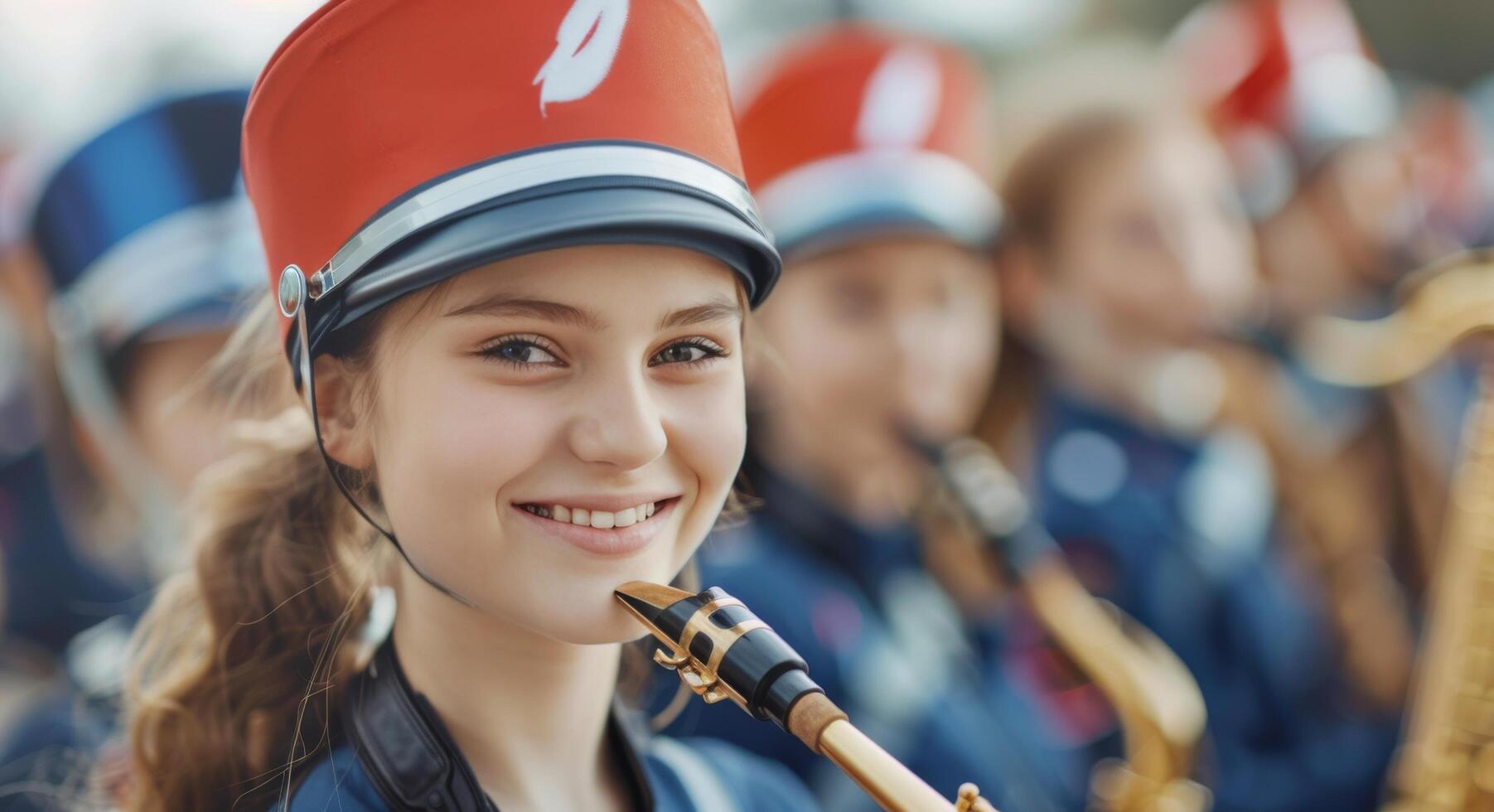 Young Woman Playing Saxophone in Marching Band photo