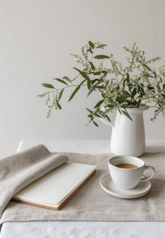 White Mug and Flowers on Table photo