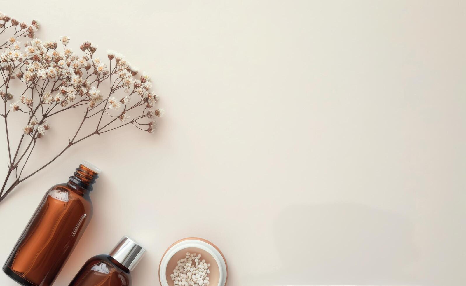 Brown Bottles And Dried Flowers On White Background photo