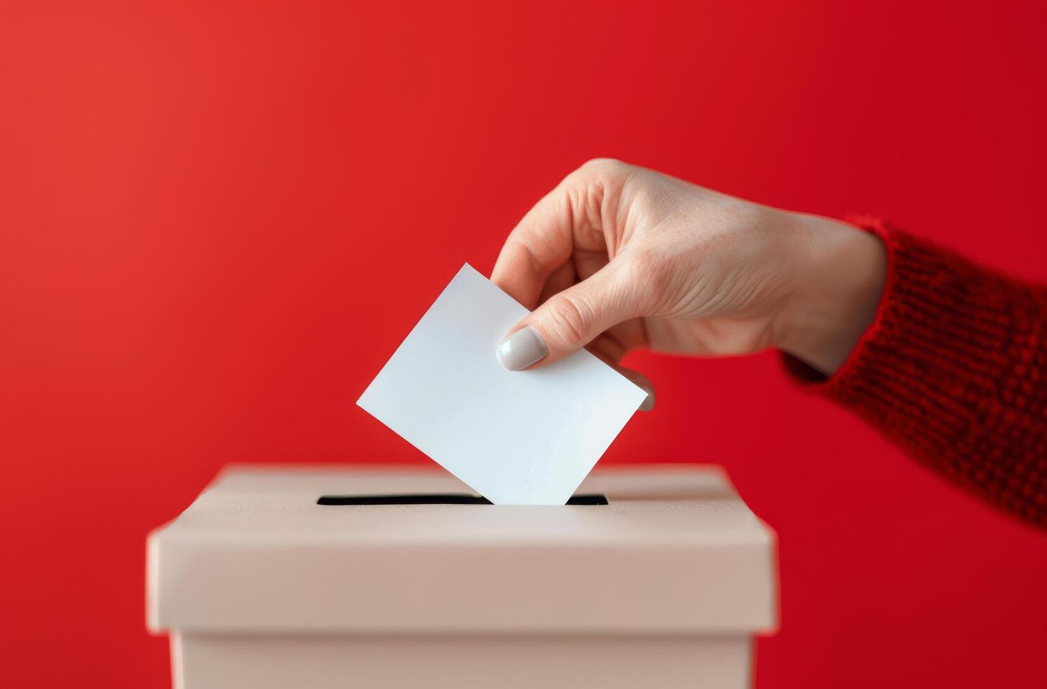 Hand Inserting Ballot Into Red Ballot Box photo
