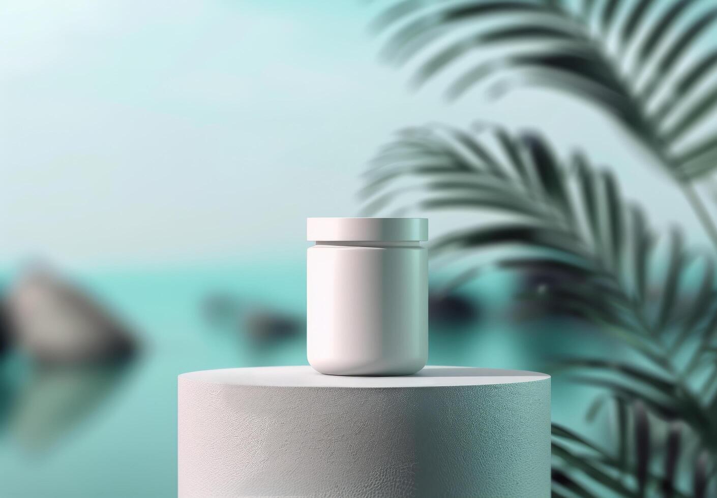 White Jar on Marble Table by the Ocean photo