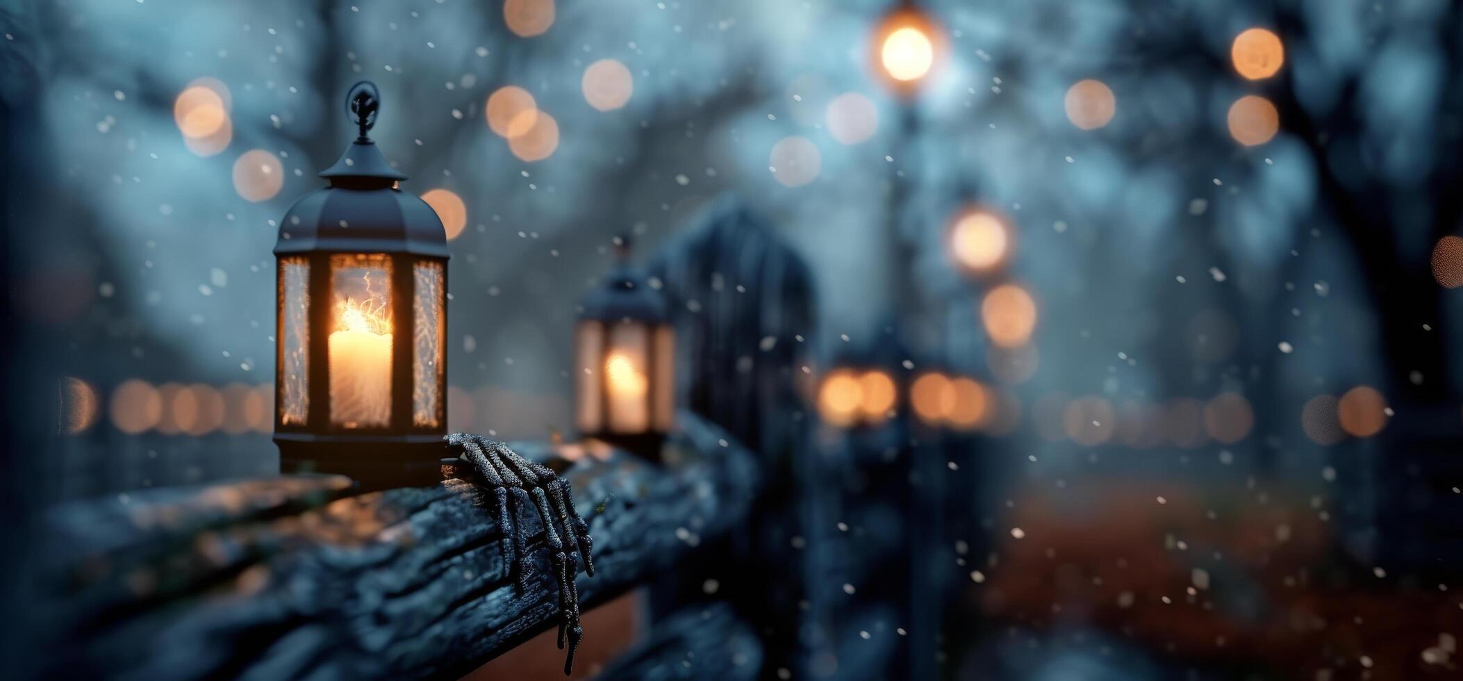 Spooky Lanterns In A Foggy Forest photo