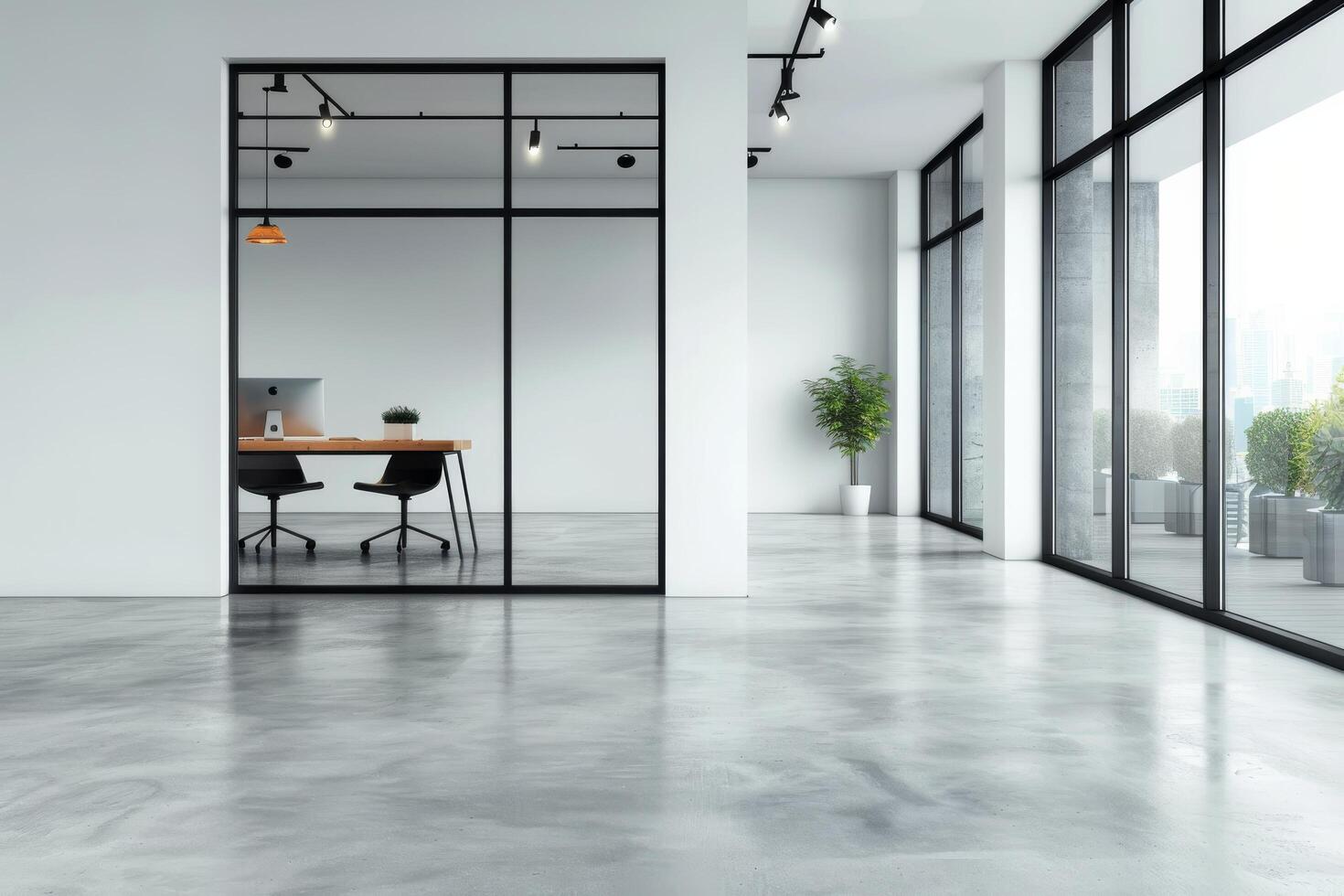 Modern Office Interior With Glass Walls And Polished Concrete Floor photo