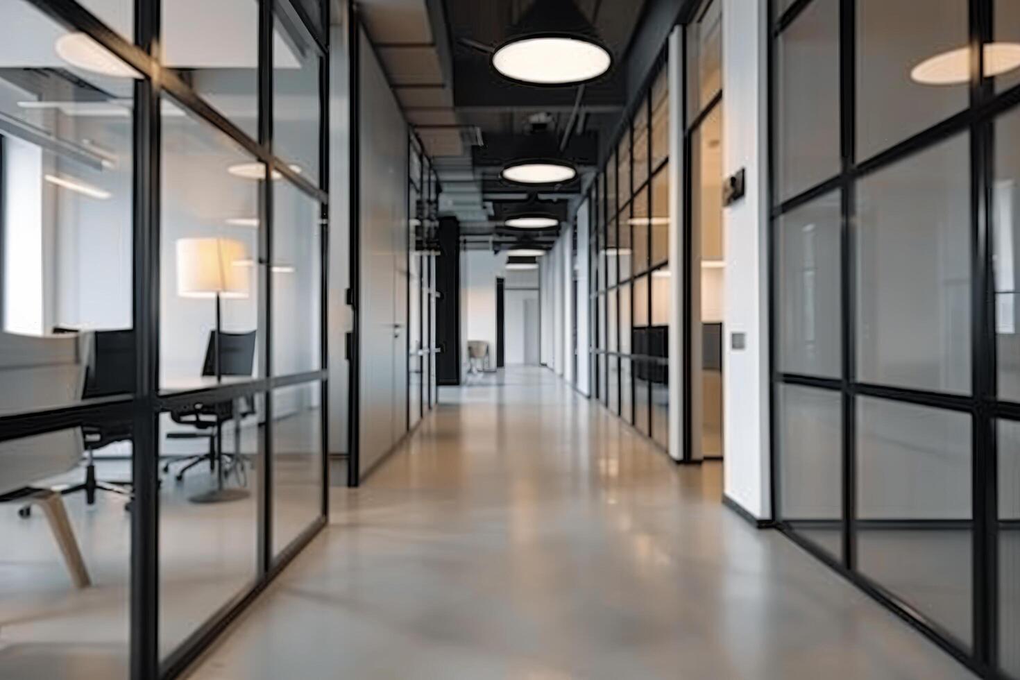 Modern Office Interior With Glass Walls And Polished Concrete Floor photo