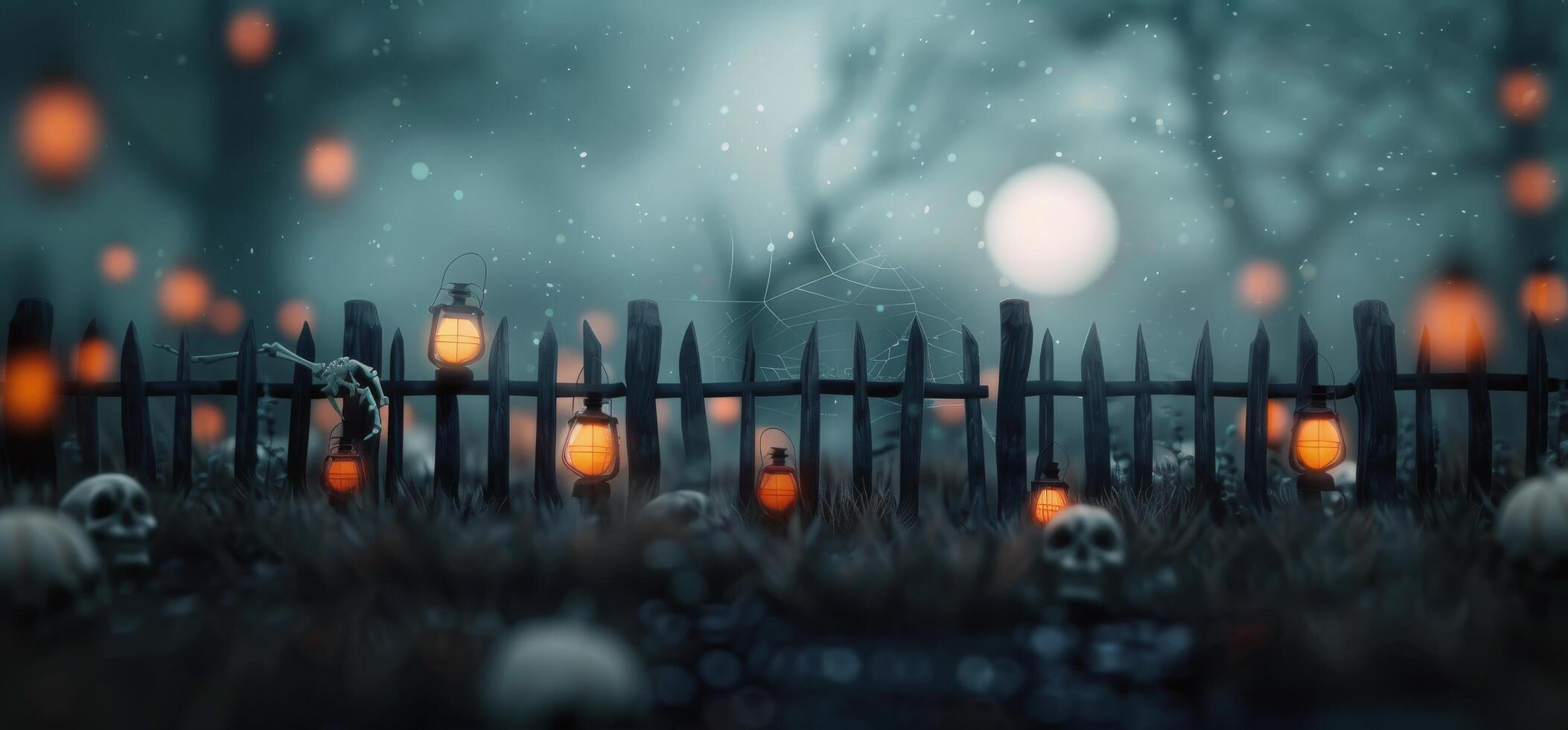 Spooky Lanterns In A Foggy Forest photo