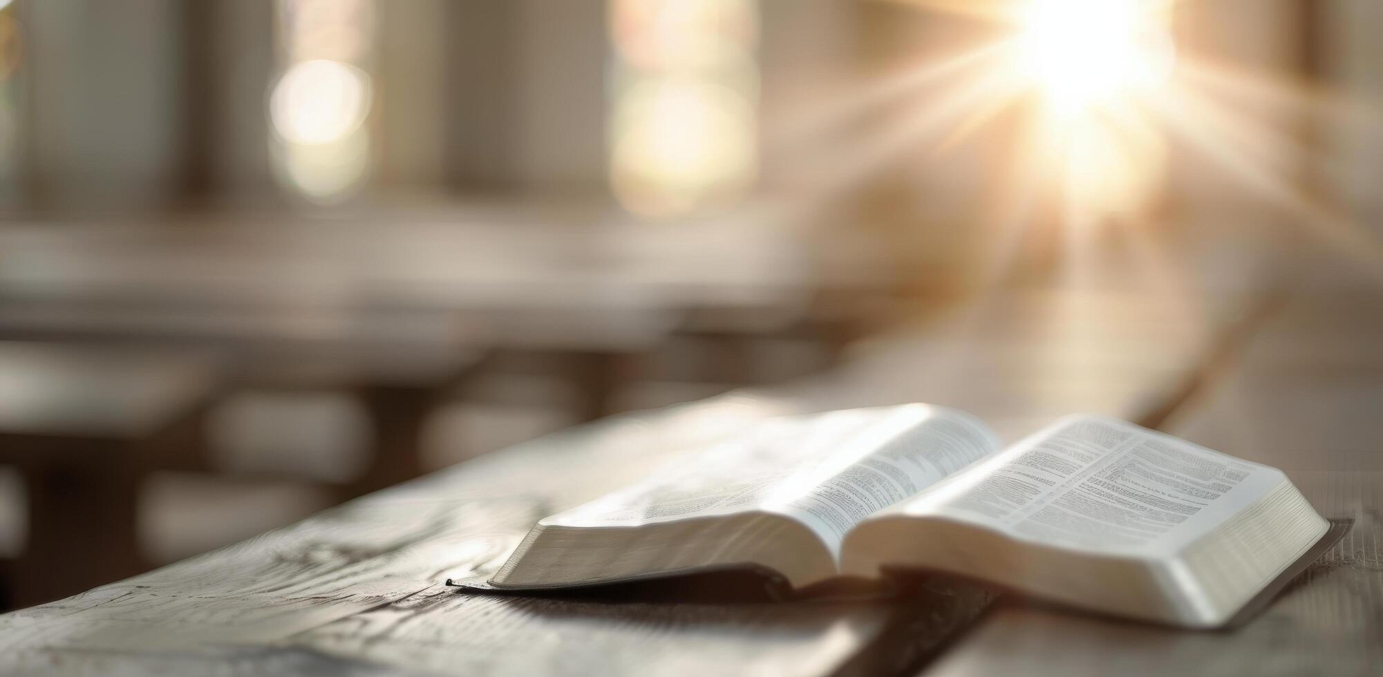 Open Bible on Wooden Table in Sunlit Room photo