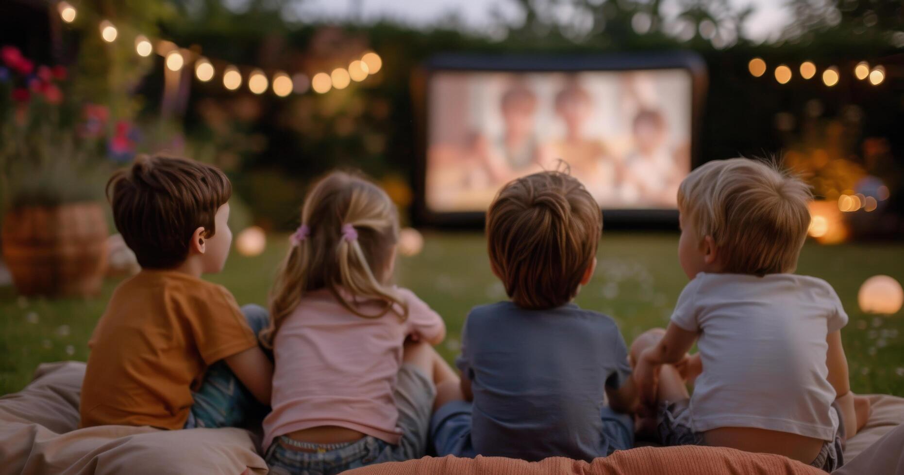 Children Watching Movie in Backyard at Night photo