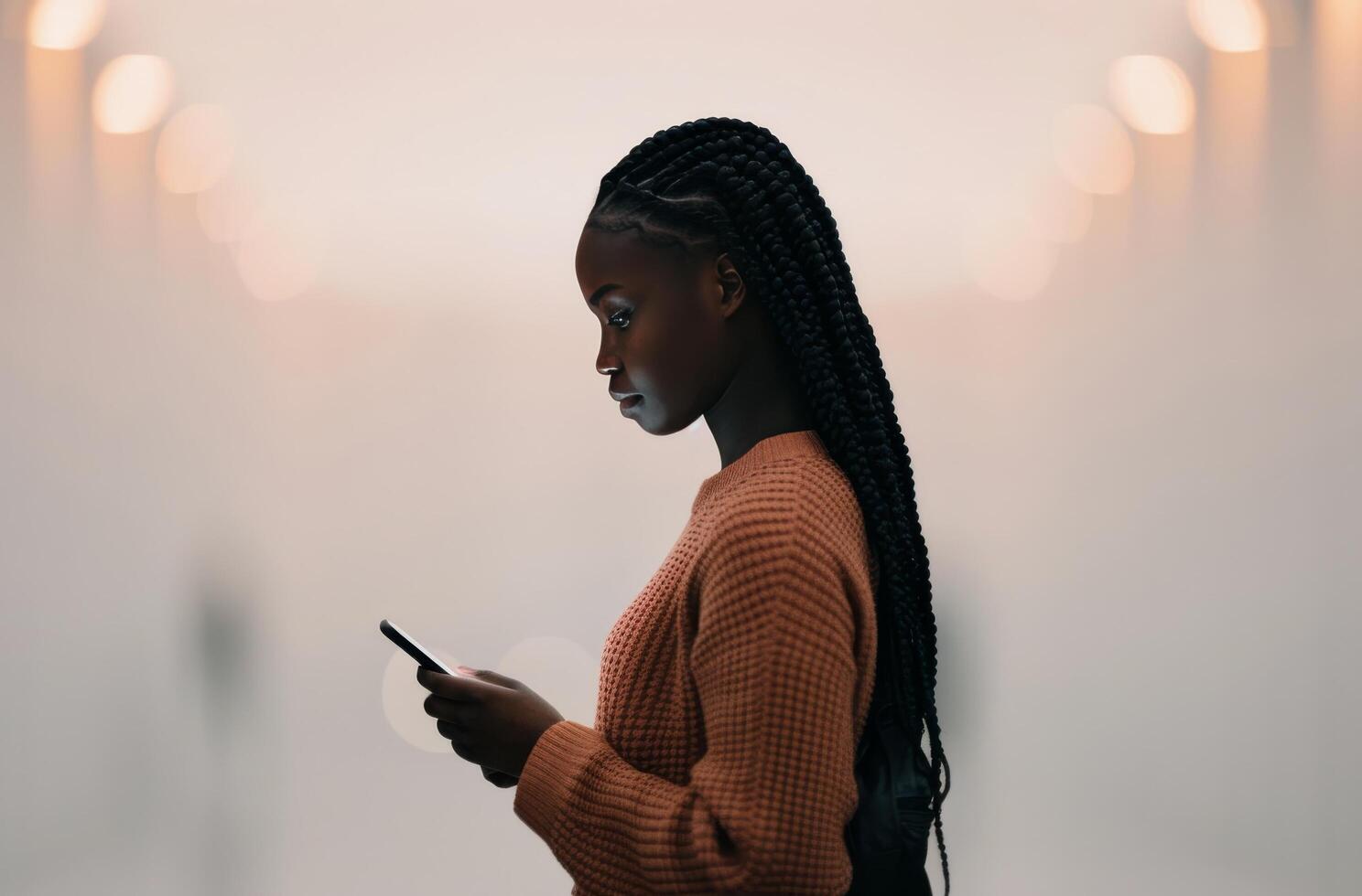 Woman Using Smartphone in Hallway photo