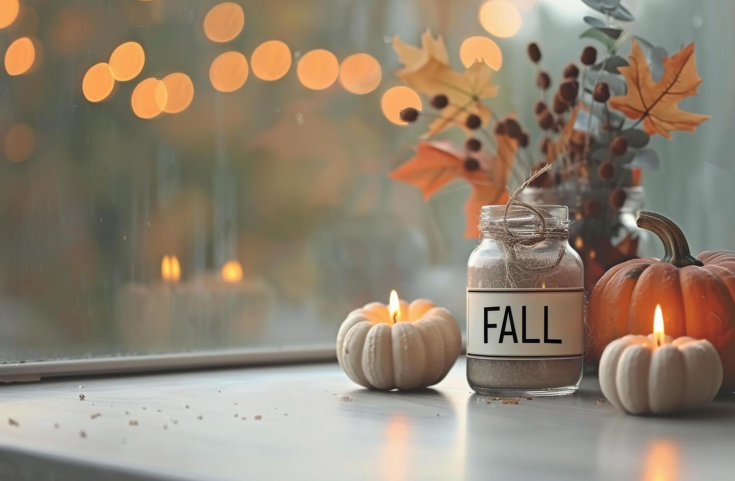 Fall Decorations With Candles and Pumpkins photo