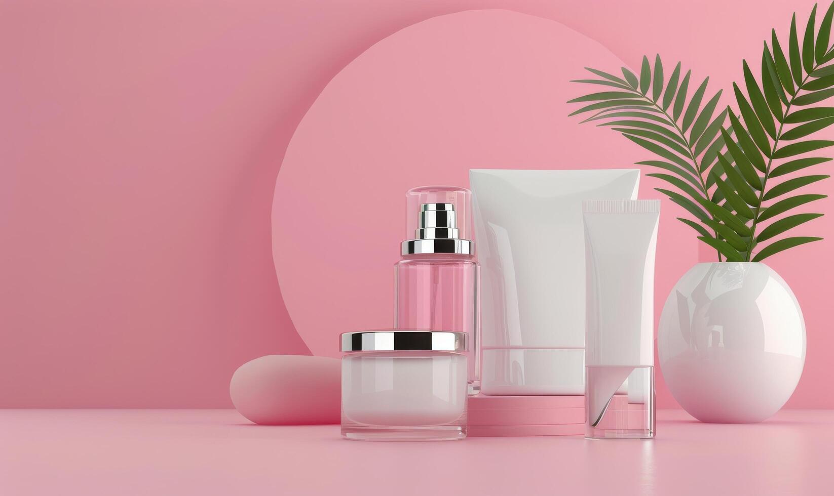 Pink Background Product Display With Palm Leaf photo
