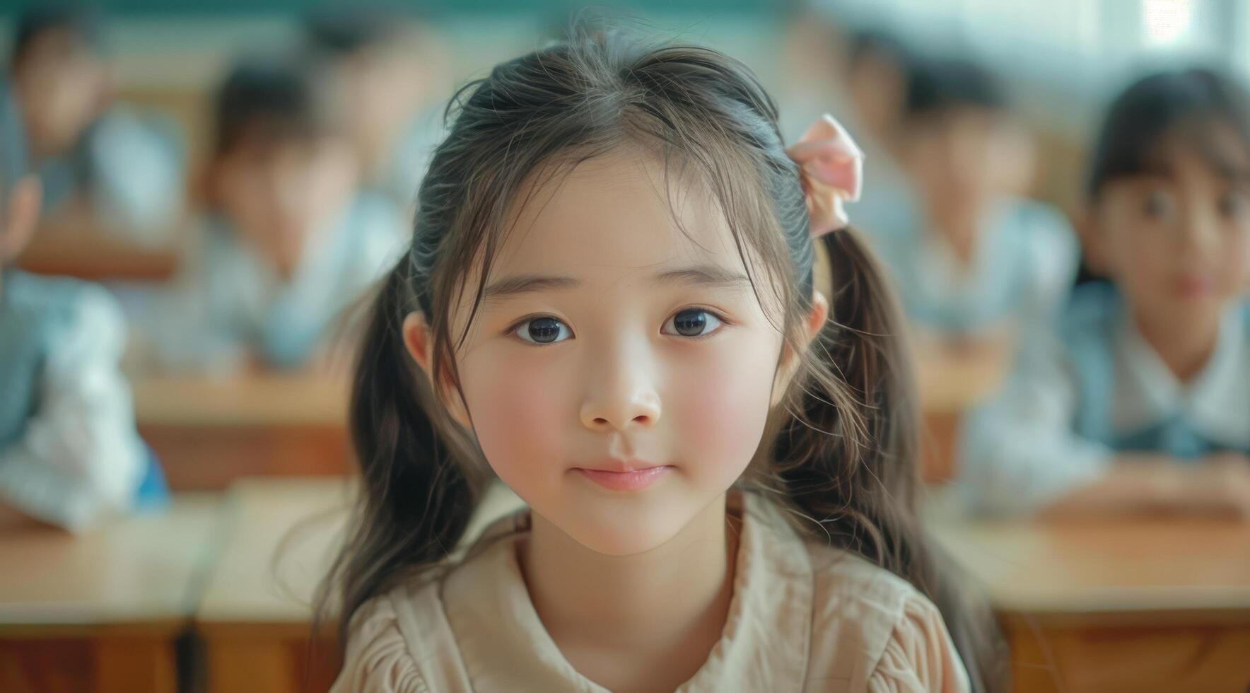 Young Girl In School Uniform Smiles In Classroom photo