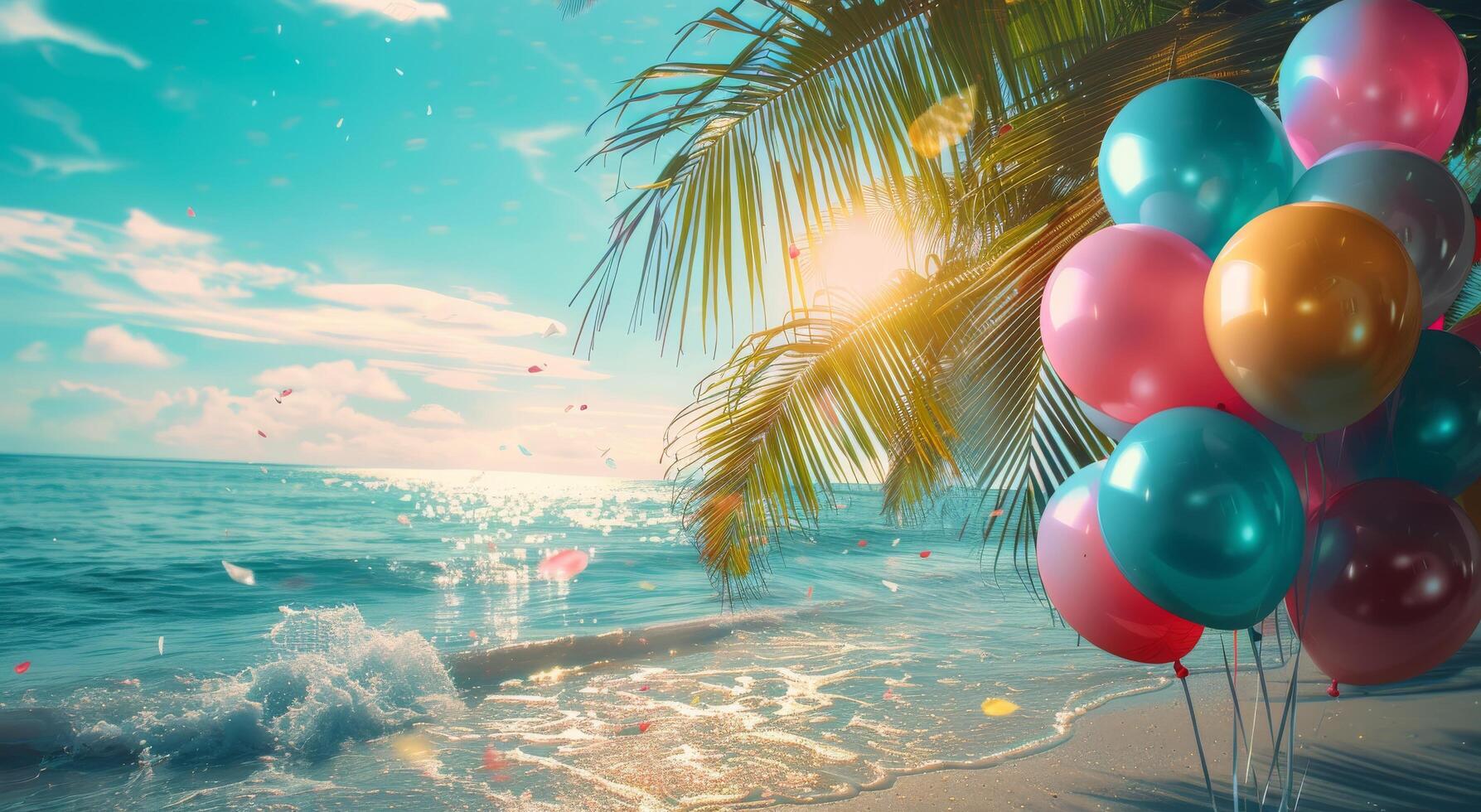 Colorful Balloons Hanging From Palm Tree at Sunset photo