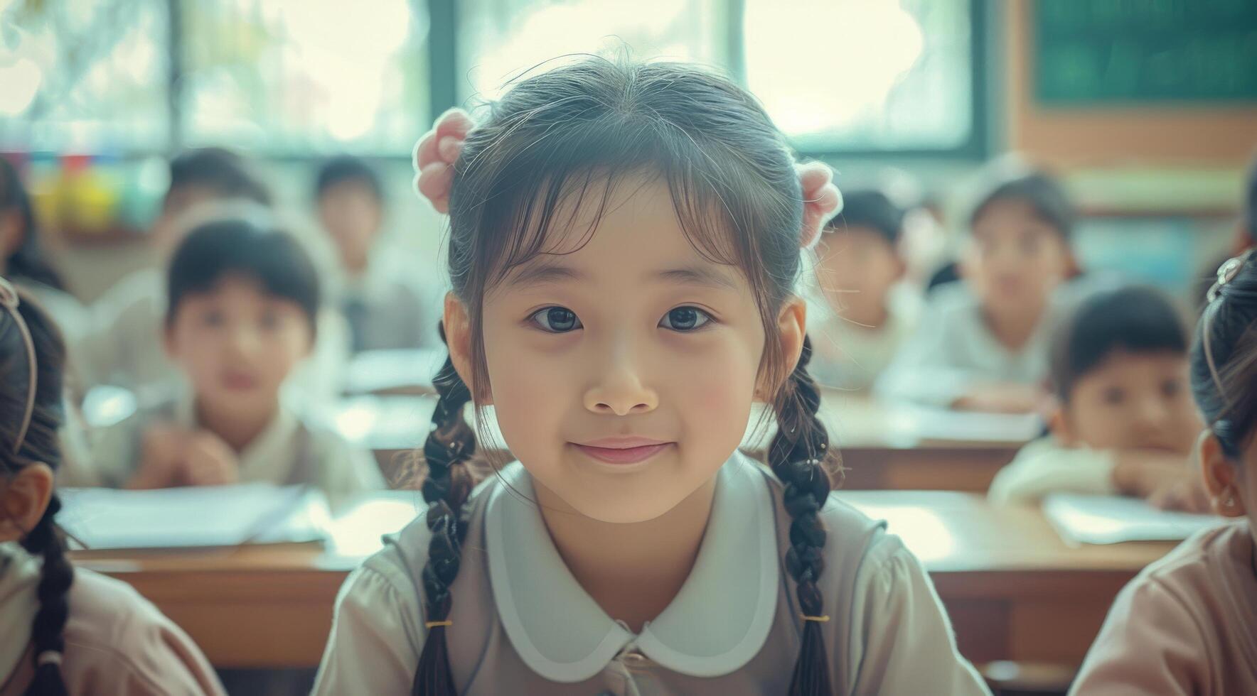 Young Girl In School Uniform Smiles In Classroom photo