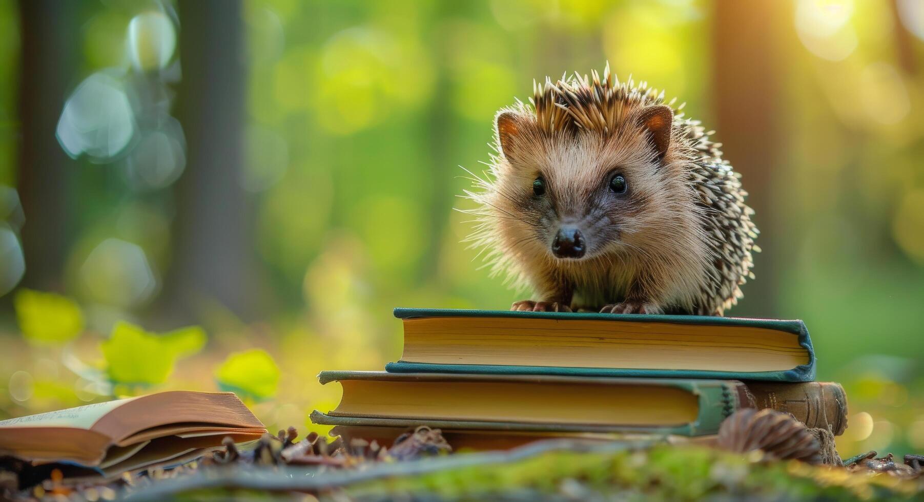 Hedgehog Resting on Books in Forest photo