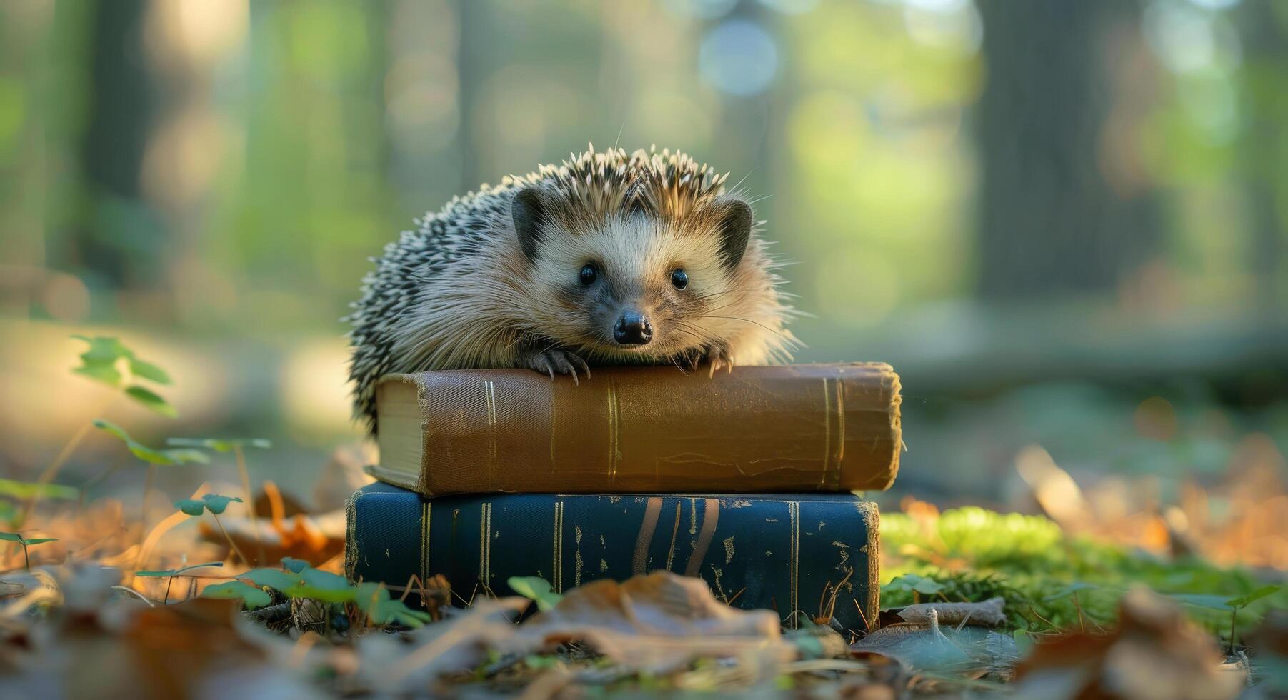 Hedgehog Resting on Books in Forest photo