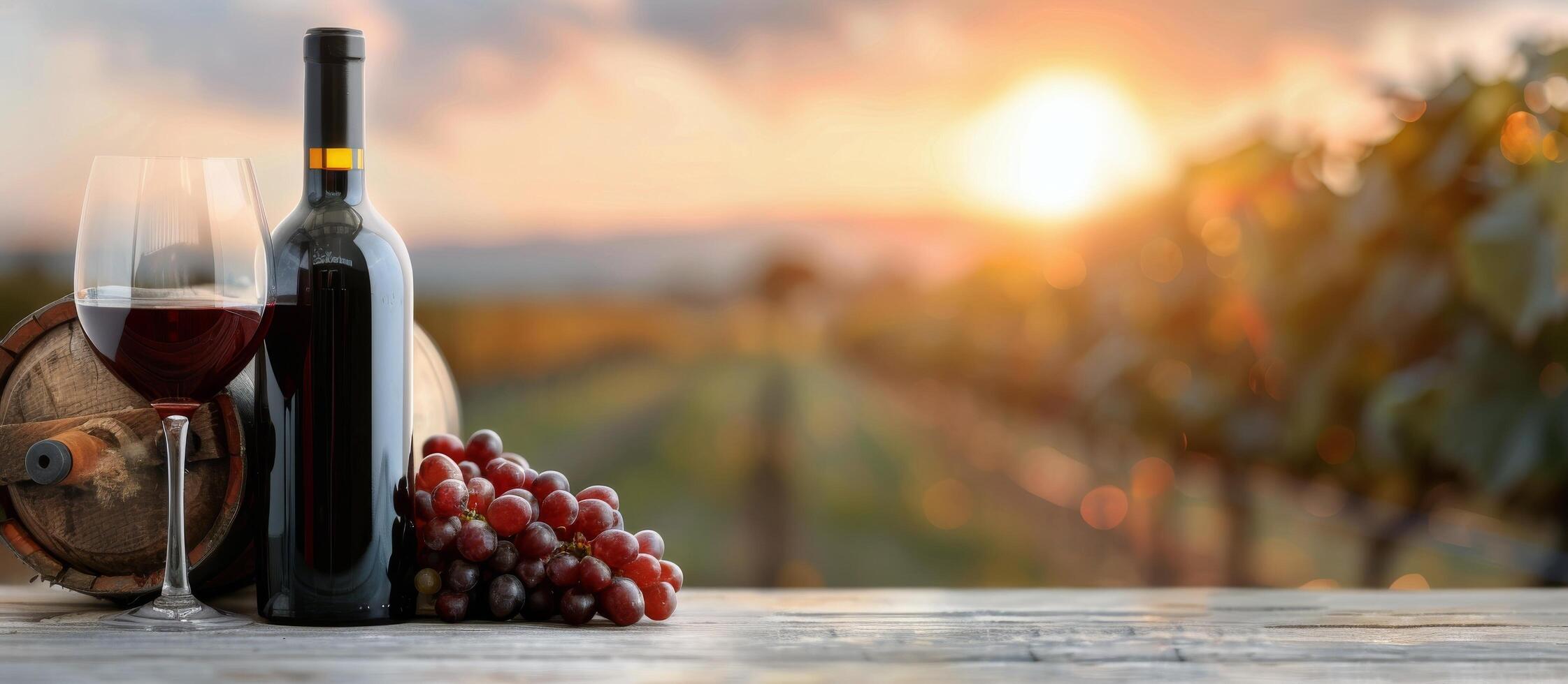 Wine Bottle and Glass at Sunset in Vineyard photo