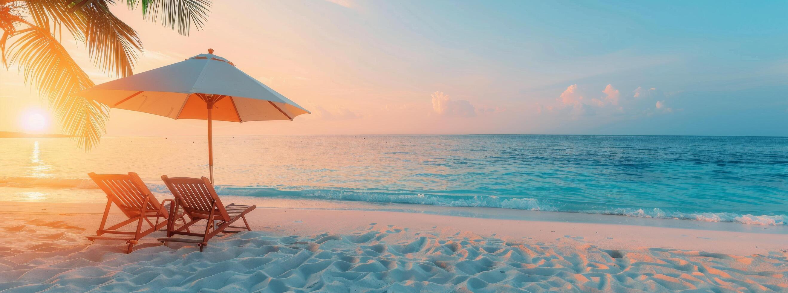 Tropical Beach Sunset With Palm Tree and Lounge Chairs photo