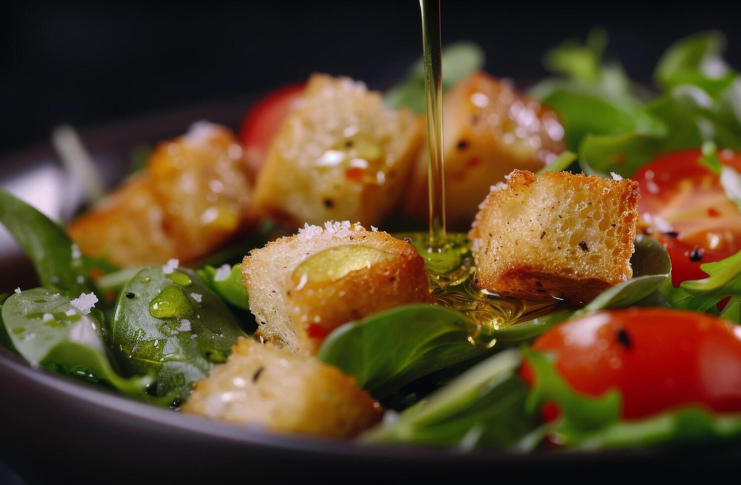 Olive Oil Drizzled Salad With Croutons photo