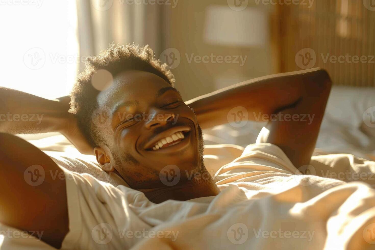Man Waking up in the Morning, Sun Shines From the Apartment Window in Bedroom, photo