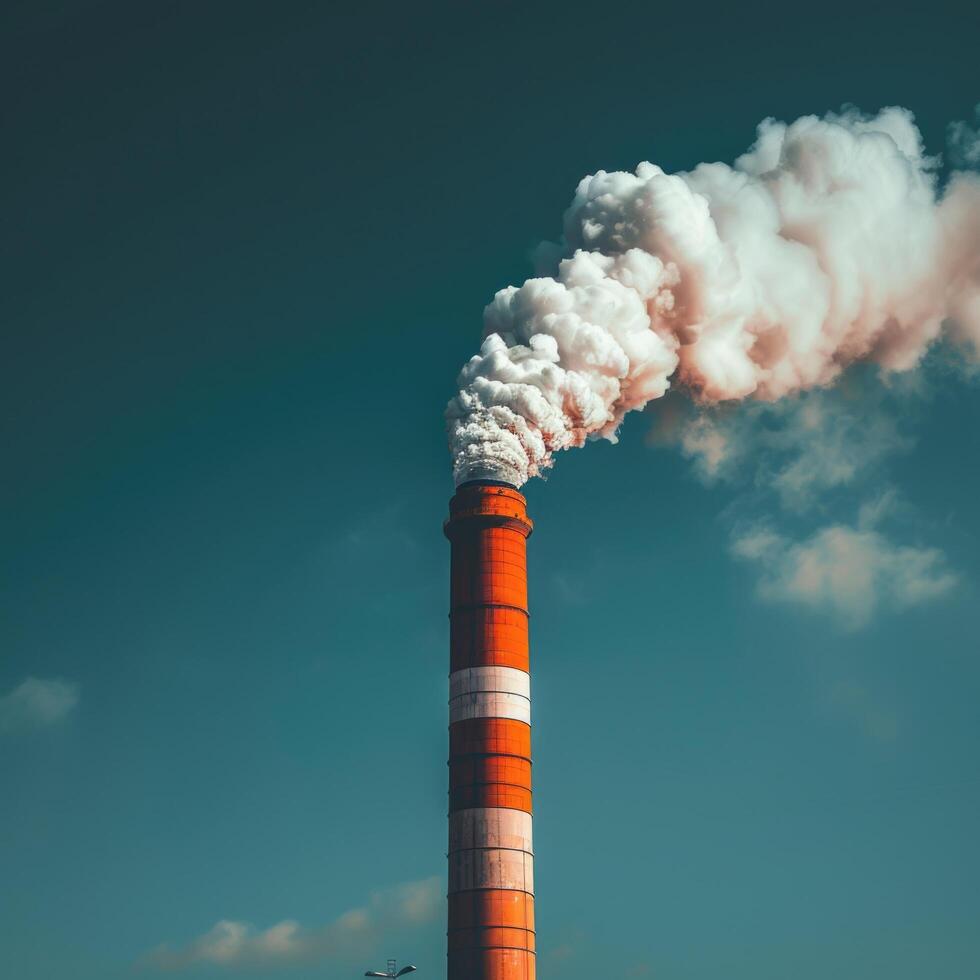 View on the smoke flue of the power plant against the blue sky, close up. photo